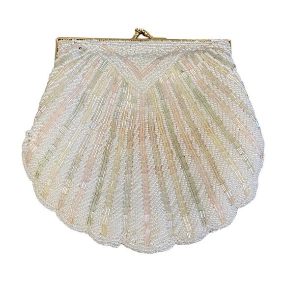 Unbranded Handbags - Antique Vintage 1950s Pearl Beaded Seashell Fancy Gold Chain Clutch Purse